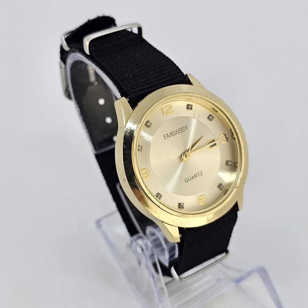 Embassy Men's Analog Watch 38MM Gold Dial Date NEW Black Canvas Band NEW Battery